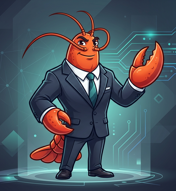 CyberClaw mascot — a sharp-dressed crab ready for business